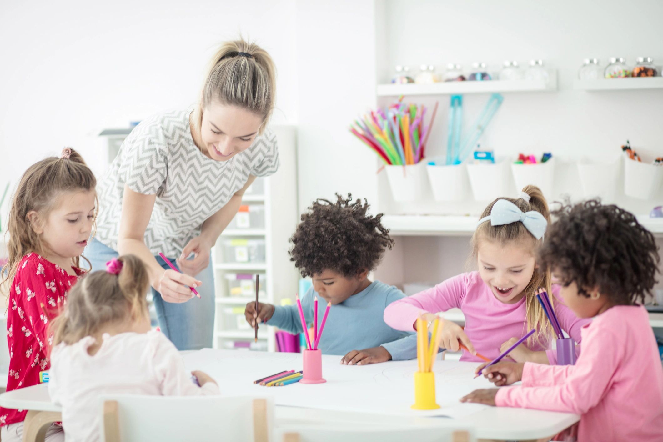 Children creating art projects in a classroom